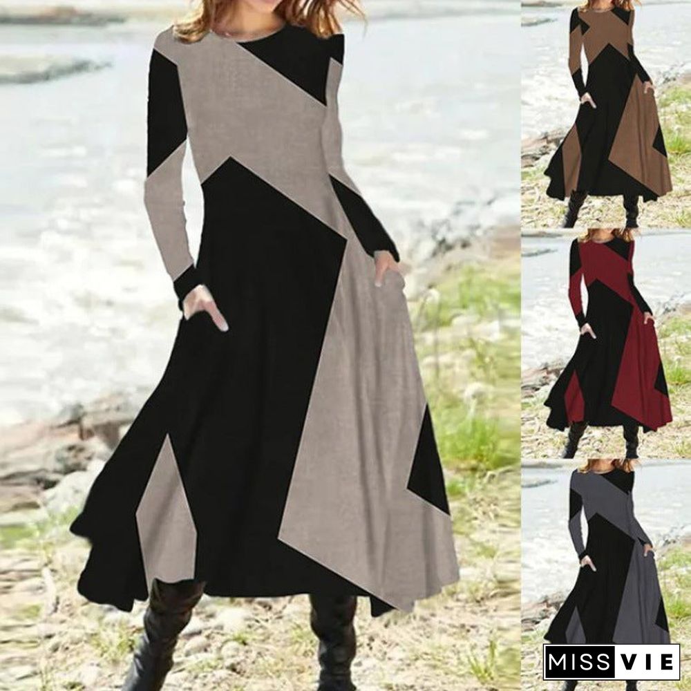 Women's Round Neck Casual Ethnic Retro Fashion Long Sleeve Oversized Swing Dress