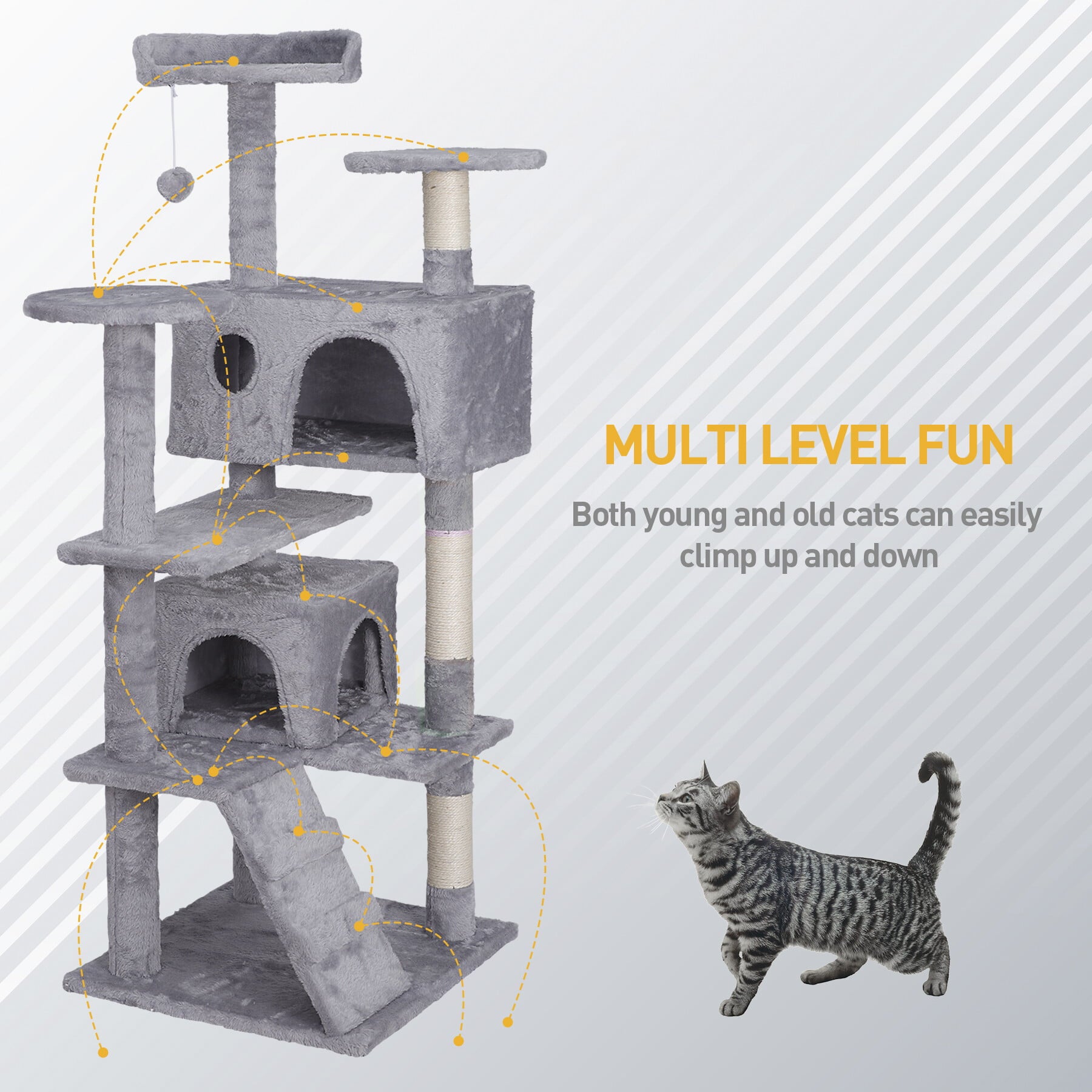 ZENSTYLE 55-in H Cat Tree and Condo Scratching Post Tower， Light Gray