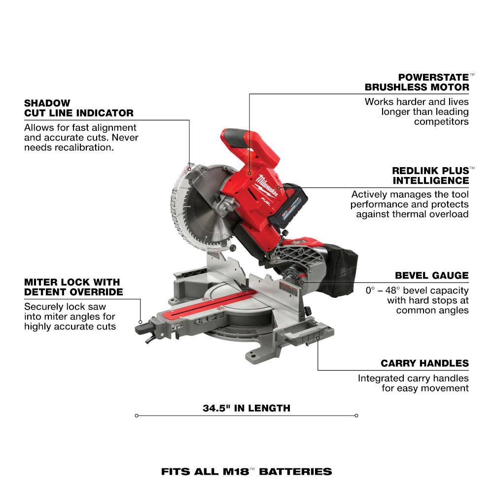 MW M18 FUEL 18V 10 in. Lithium-Ion Brushless Cordless Dual Bevel Sliding Compound Miter Saw Kit with One 8.0 Ah Battery 2734-21