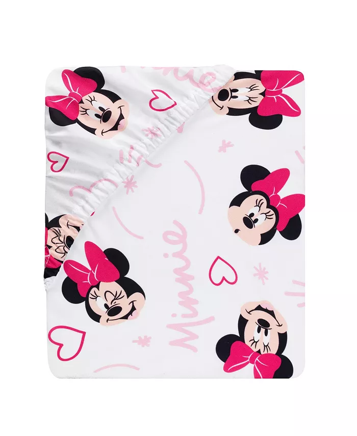 Lambs and Ivy Disney Baby Minnie Mouse Love White Pink Heart Fitted Crib Sheet