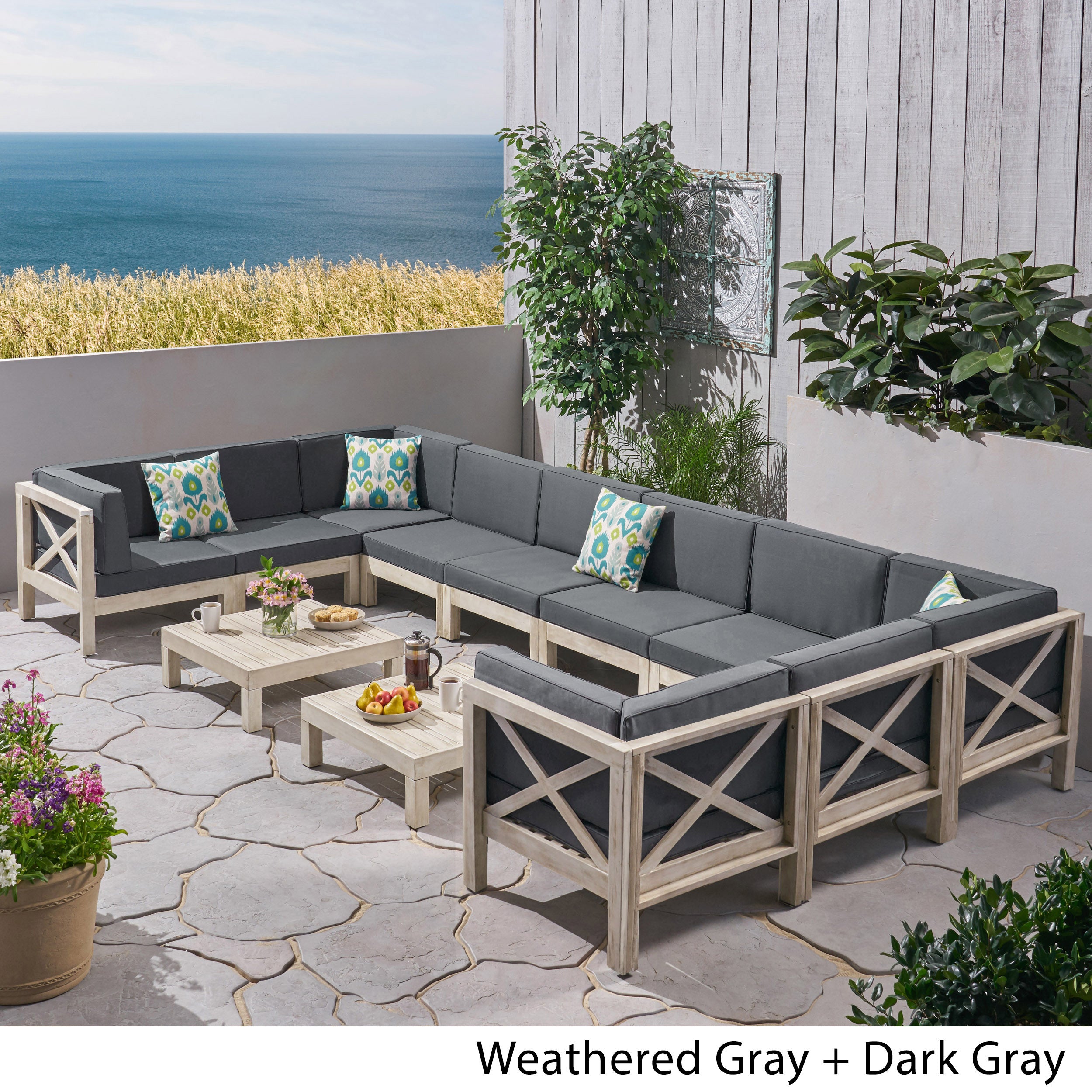 Cynthia Outdoor Acacia Wood 10 Seater U-Shaped Sectional Sofa Set with Two Coffee Tables