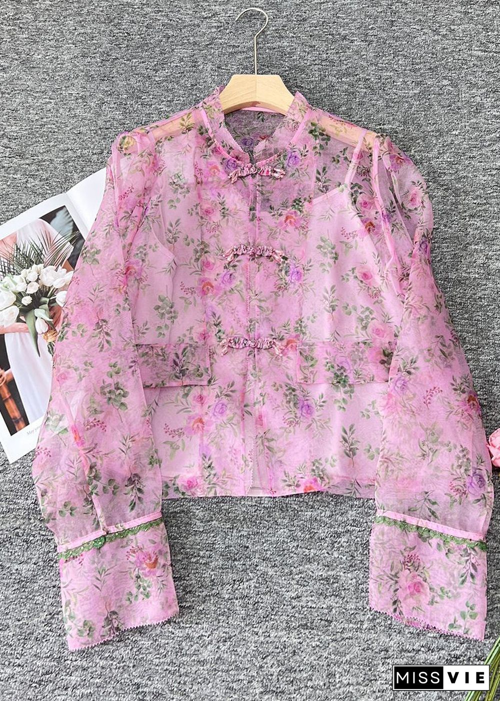 Cute Pink O-Neck Print Patchwork Organza Shirts Long Sleeve