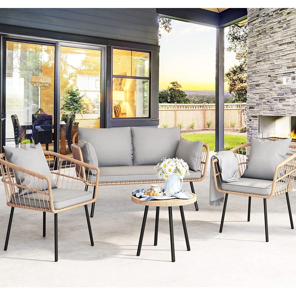 Fernald Wicker 4 Pieces Patio Furniture Set Rattan Loveseat Chairs and Coffee Table