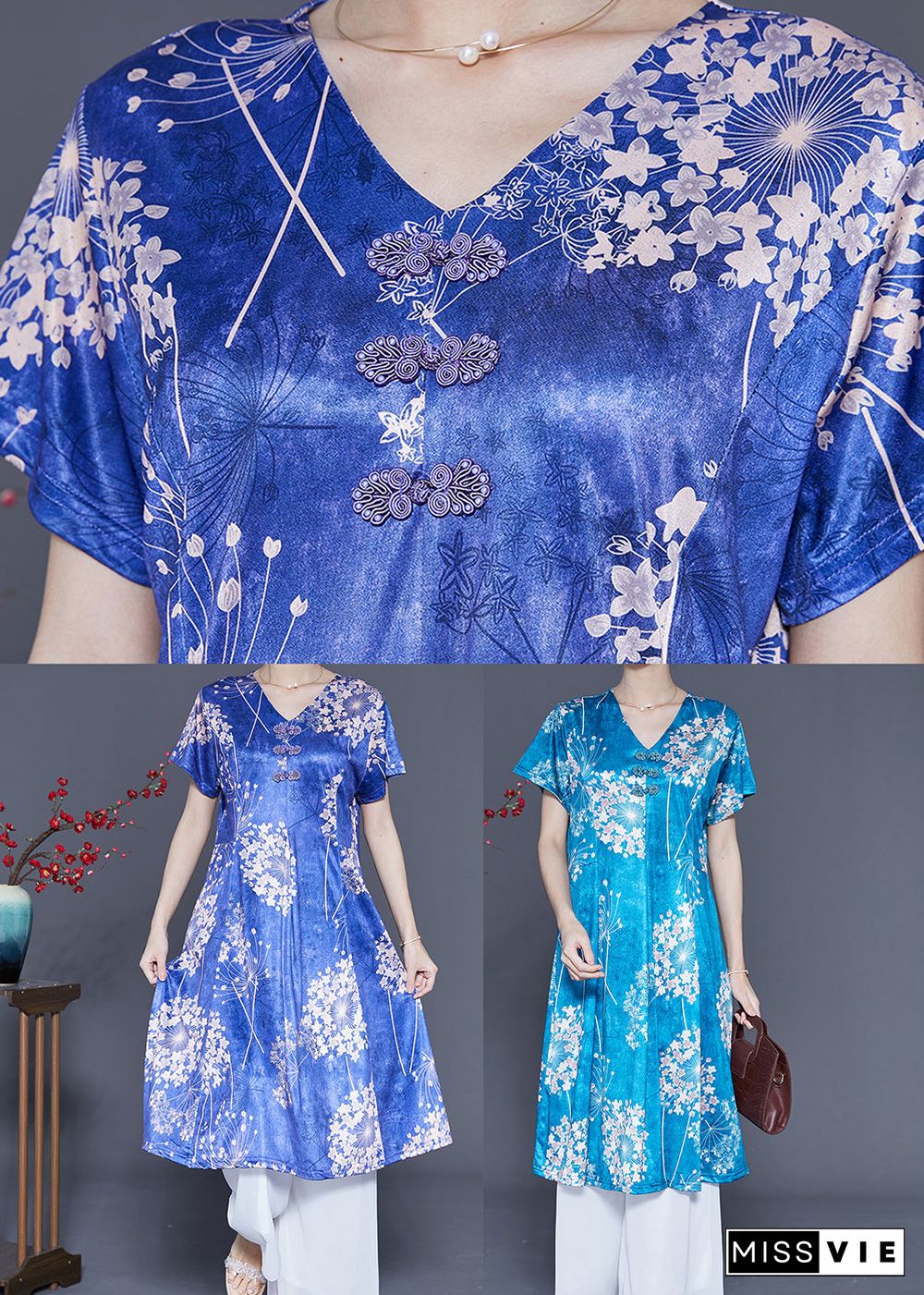 Lake Blue Print Silk A Line Dress Chinese Button Summer