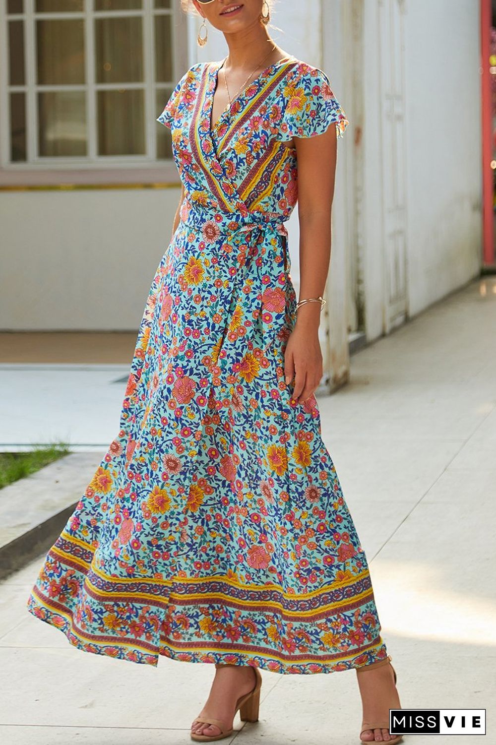 Vacation V-Neck Floral Print Dress