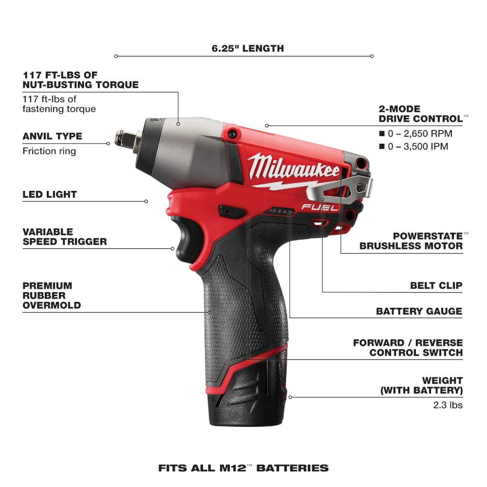 Milwaukee M12 FUEL 3/8 in. Impact Wrench Kit 2454-22 from Milwaukee