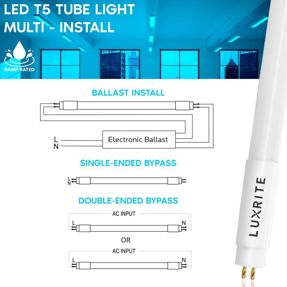 LUXRITE 4 ft. 24-Watt Linear T5 LED Tube Light Bulb Ballast and Ballast Bypass Compatible 4000K Cool White Damp Rated (12-Pack) LR34158-12PK