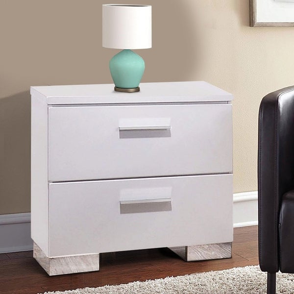 Contemporary Style Wooden Nightstand with Two Drawers and Metal Bracket Legs ， White- Saltoro Sherpi - - 38045528