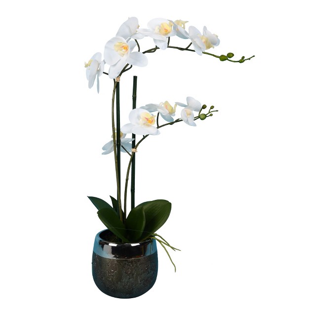 Artificial White Phalaenopsis In Metal Pot.