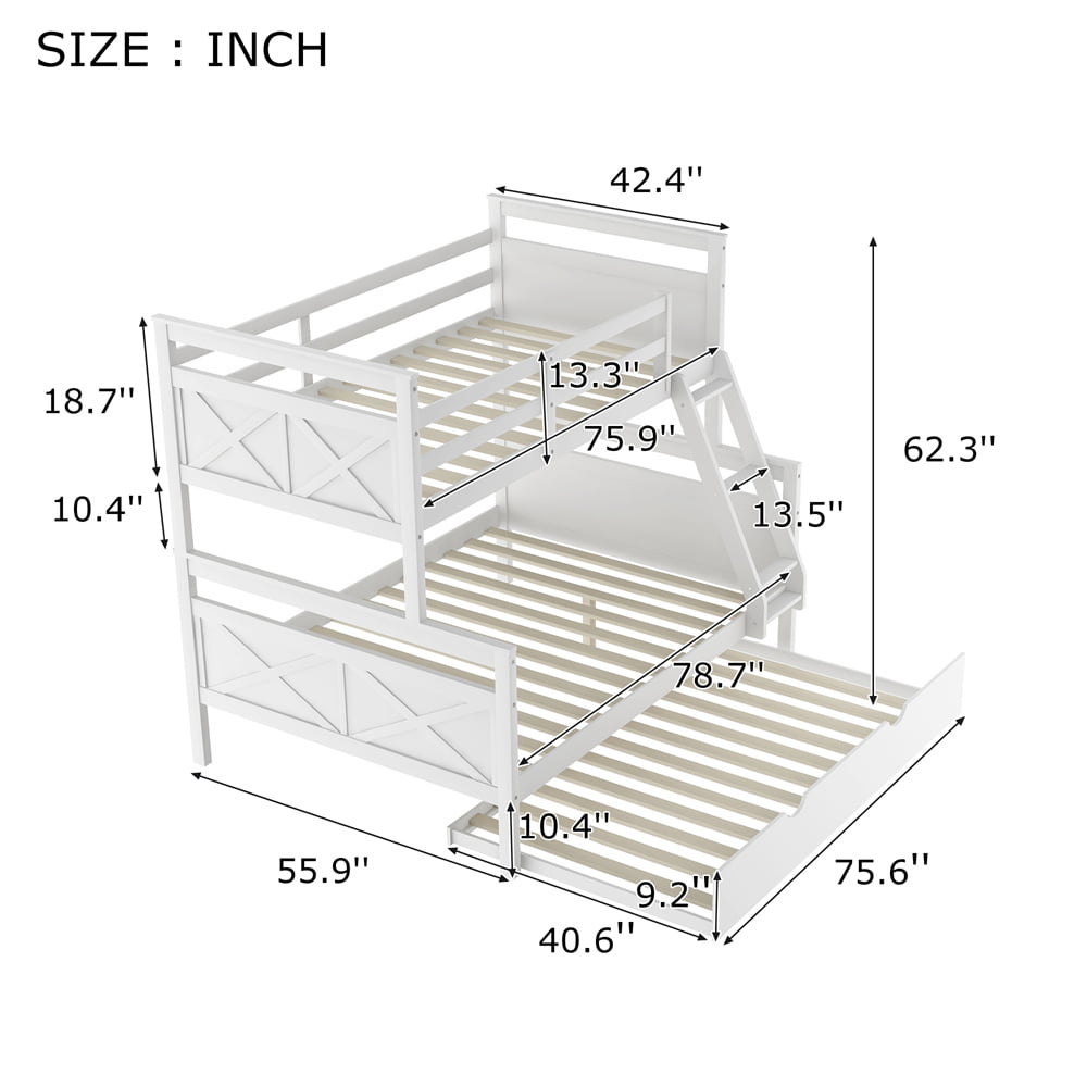 Twin Over Full Bunk Bed, Solid Wood Bed Frame with Trundle, Ladder and Safety Guardrail for Kids Guest Room Bed (White)