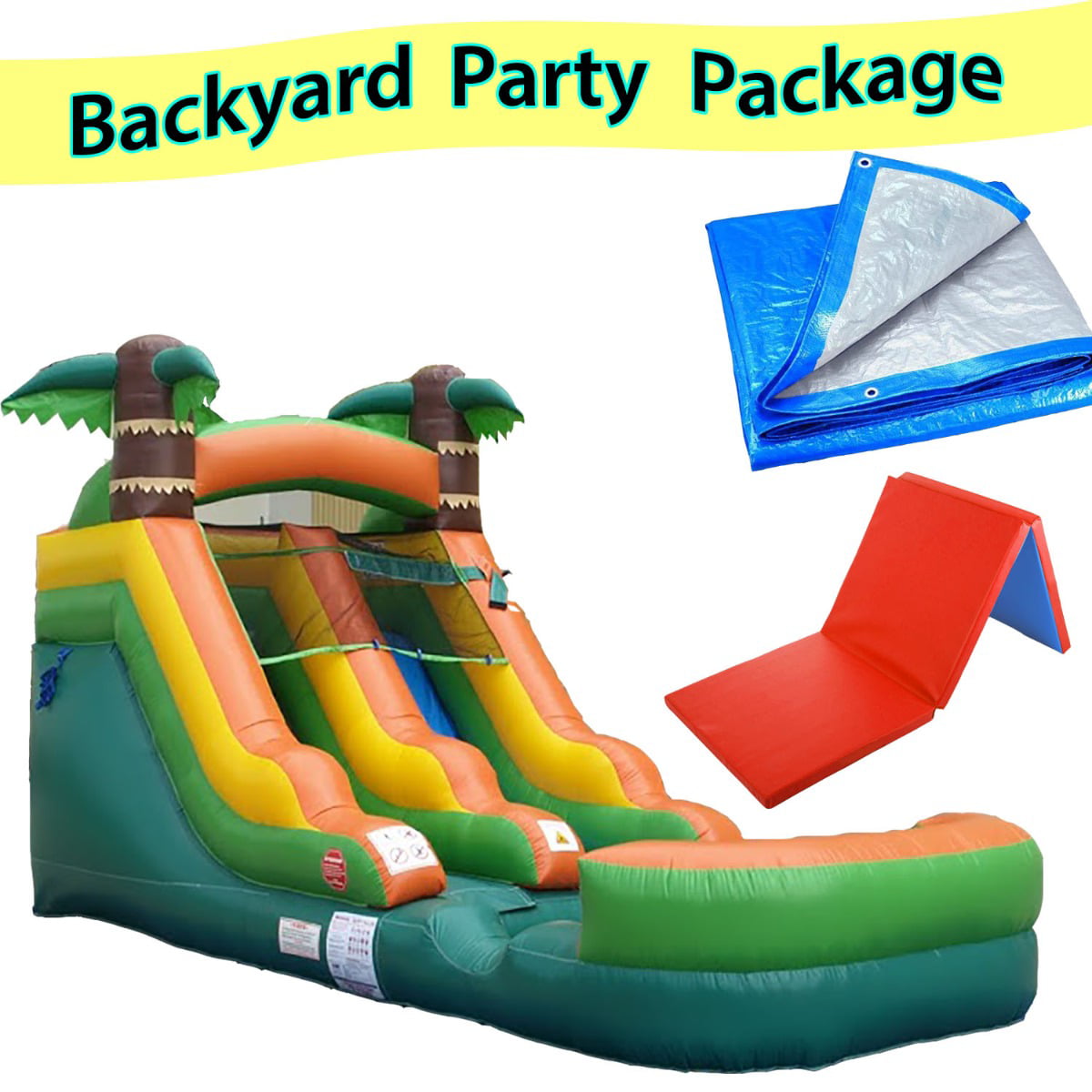 Pogo Bounce House Crossover Tropical Inflatable Water Slide, Backyard Party Package, 12 ft