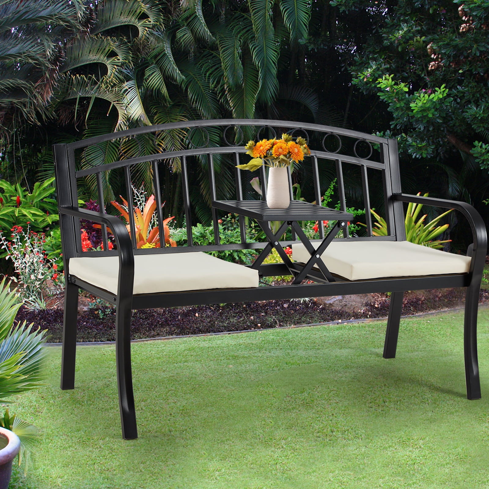 AVAWING Patio Outdoor Steel Garden Bench, Patio Bench, Steel Double Seat for Park Yard