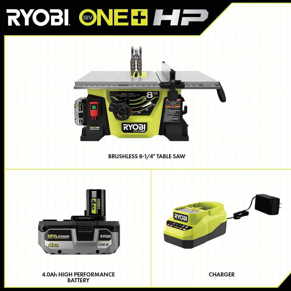 RYOBI ONE+ HP 18V Brushless Cordless 8-1/4 in. Compact Portable Jobsite Table Saw Kit with (2) 4.0 Ah Batteries and Charger PBLTS01K