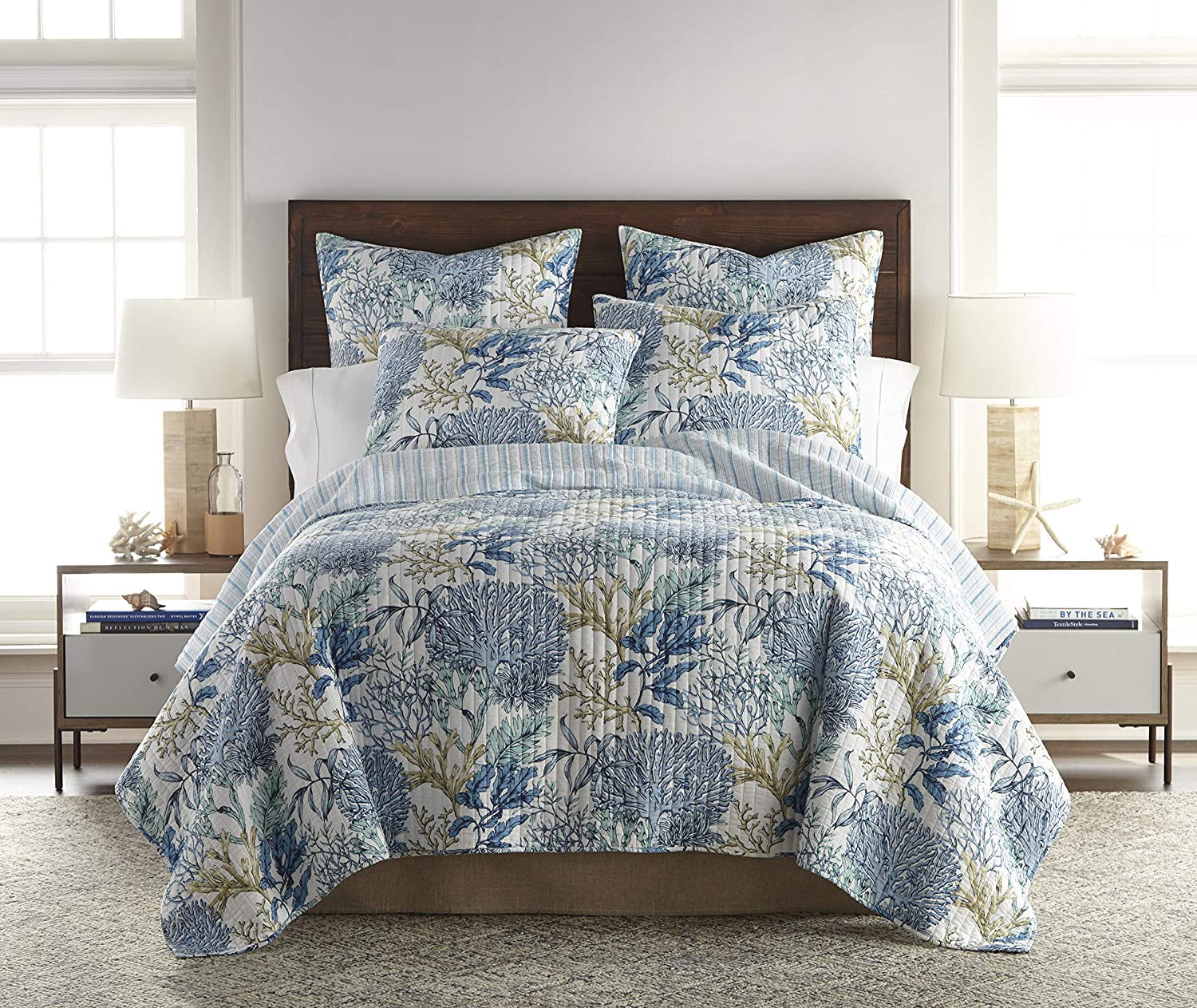 Levtex Home - Mahina Quilt Set - King Quilt + Two King Pillow Shams - Coastal - Taupe， Blue and White - Quilt Size (106x92in.) and Pillow Sham Size (36x20in. ) - Reversible - Cotton