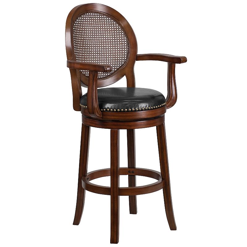 Merrick Lane Mathieu Swivel Stool with Oval Rattan Back， Arms and Upholstered Swivel Seat