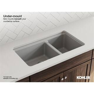 KOHLER Executive Chef Undermount Cast Iron 33 in. 4-Hole Double Basin Kitchen Sink in White with Basin Rack K-5931-4U-0-6001-ST