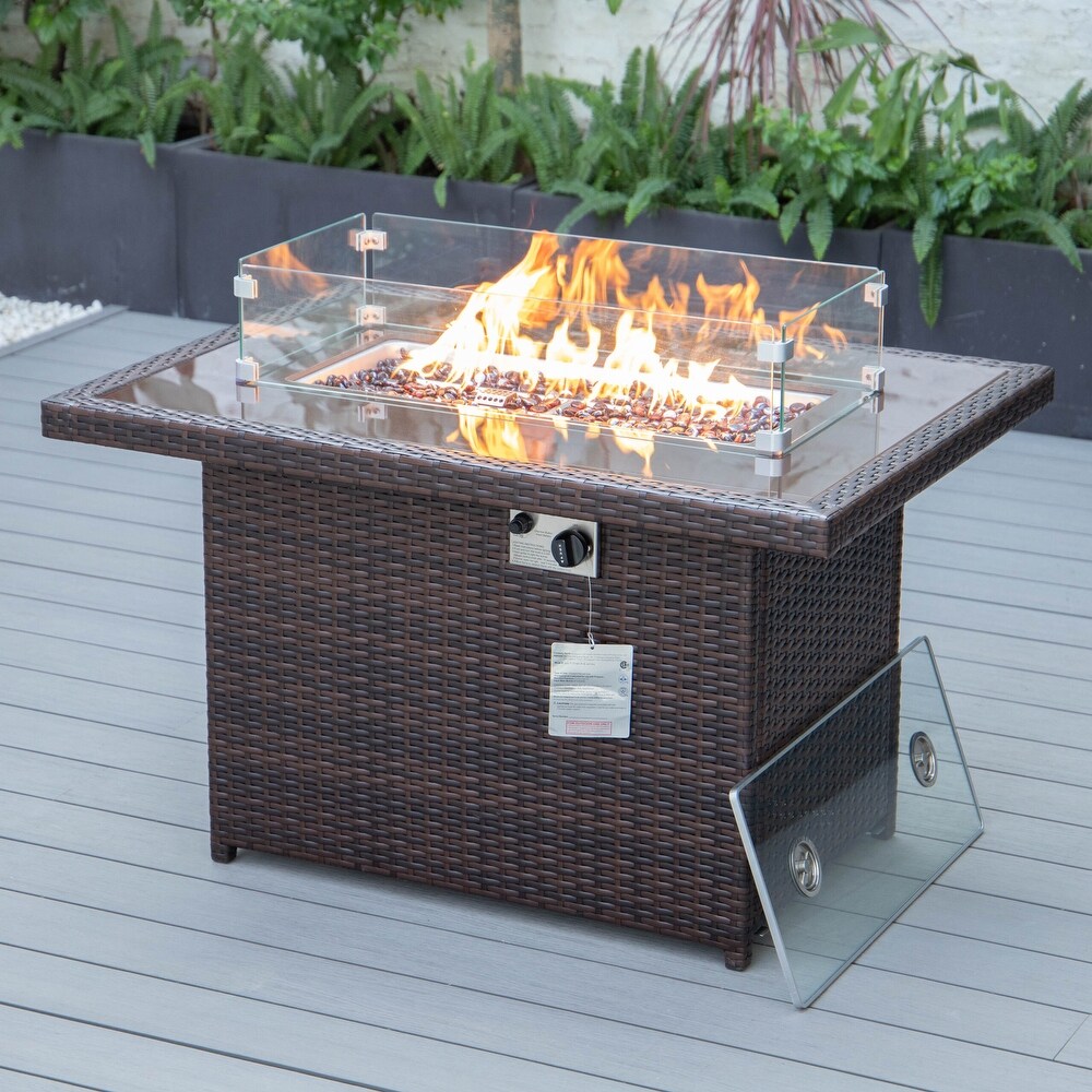 LeisureMod Mace Wicker Patio Propane Fire Pit Table   Lid   44\