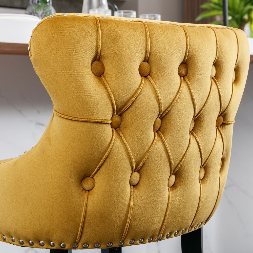 Contemporary Velvet Bar Upholstered Wing Back Barstools with Button Tufted Decoration and Wooden Legs  Set of 4