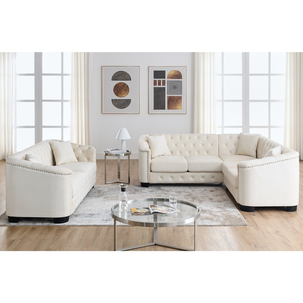 2 Piece Sofa Sets Luxurious Velvet Upholstered Corner Sofa+3 Seater Combination Sofa with Nailhead Trim and 5 Pillows