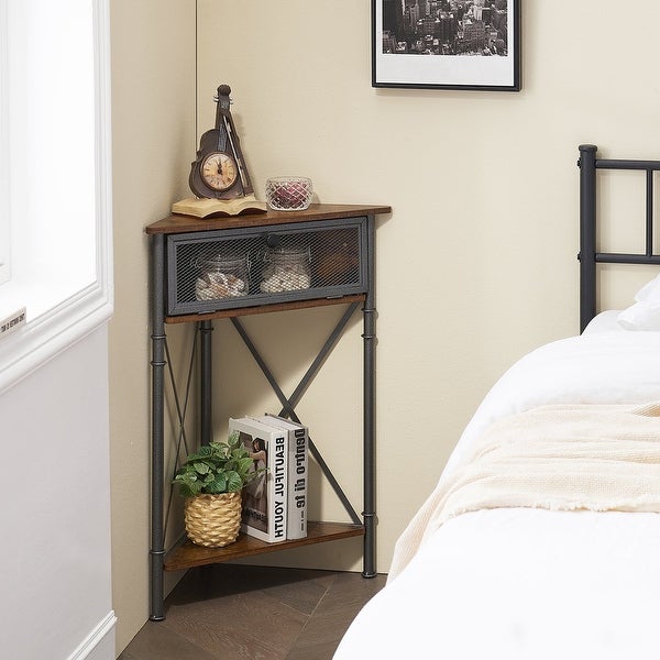 Set of 2 Industrial Triangle Side Table Corner Table with Storage Shelf， Rustic Brown