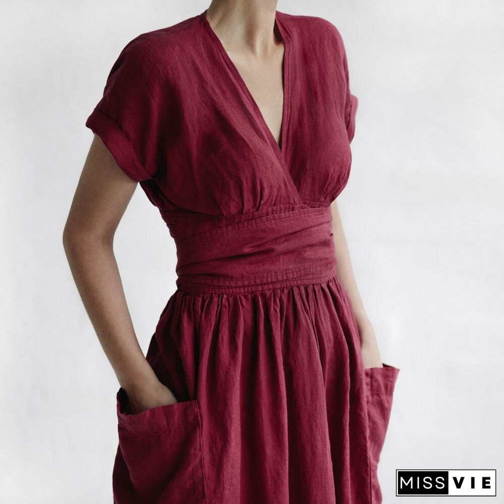 Women's Fashion V Neck Belt High Waist Short Sleeves Cotton- Linen Dress