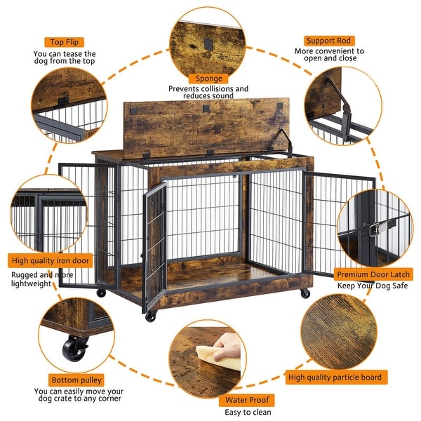 Industrial Wooden Iron Dog Crate， Dog Kennels with 3 Doors and Wheels， Pet Crate Side End Table for Medium and Small Dog