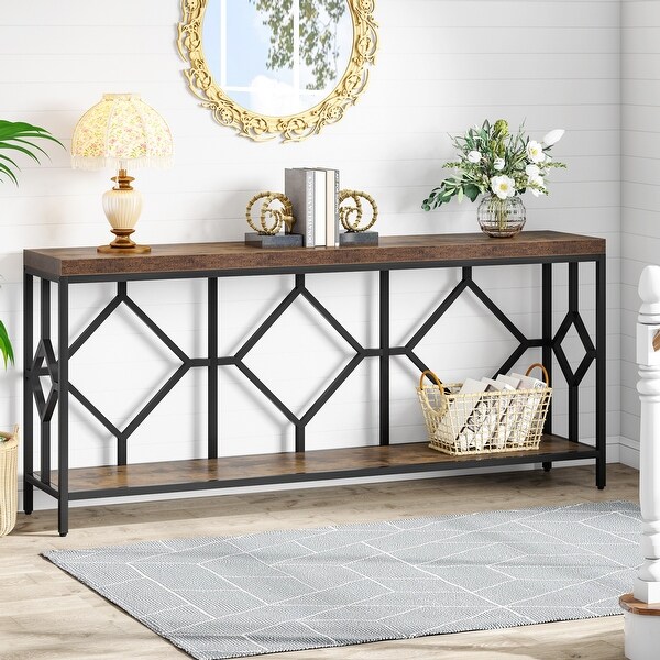 71 Inch Extra Long Console Table， Industrial Narrow Sofa Table Entry Table Behind Couch Table with Open Storage Shelf