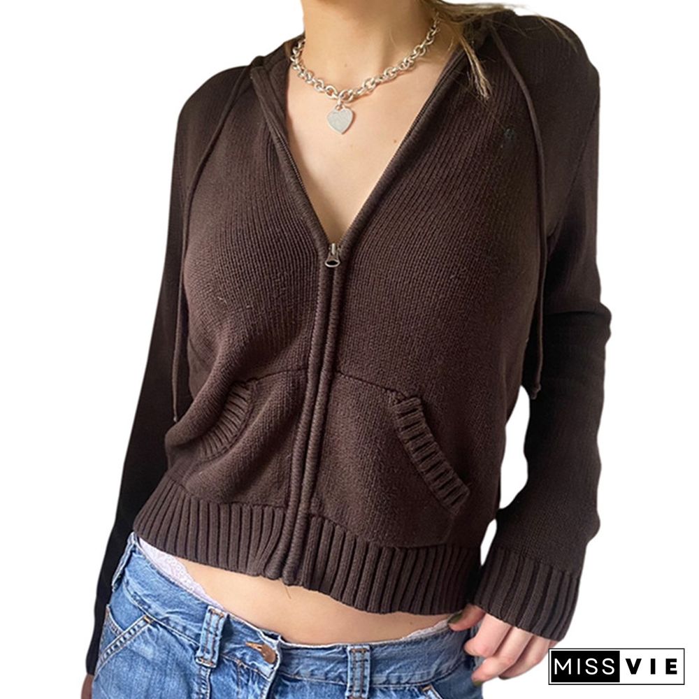 Vintage Brown Solid Hooded Y2K Sweaters Women Autumn Winter Lantern Sleeve Zip Up Jacket Cardigan Knitted Hoodies