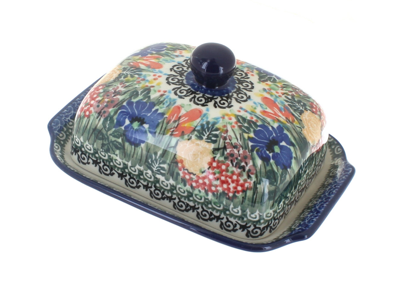 Blue Rose Polish Pottery Summer Blooms Butter Dish