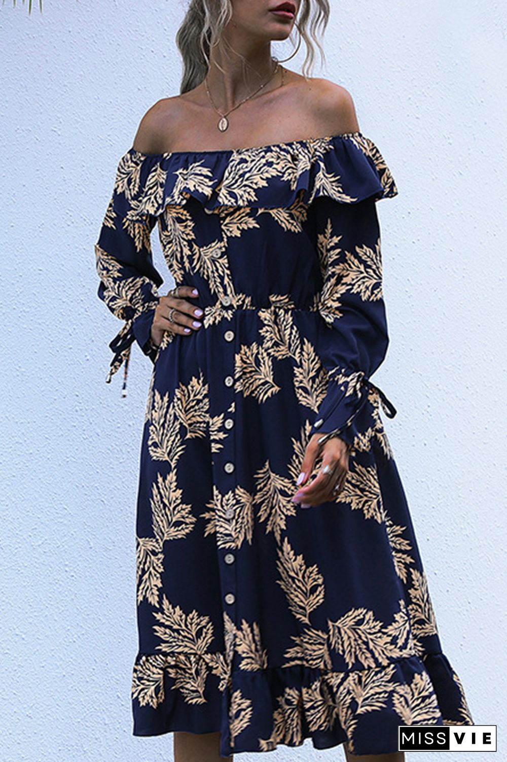 Elegant Floral Buckle Flounce Off the Shoulder Waist Skirt Dresses