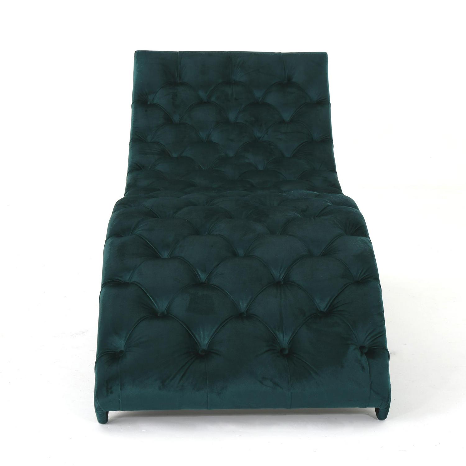 Noble House Wade Indoor Velvet Button Tufted Chaise Lounge， Teal， Dark Brown