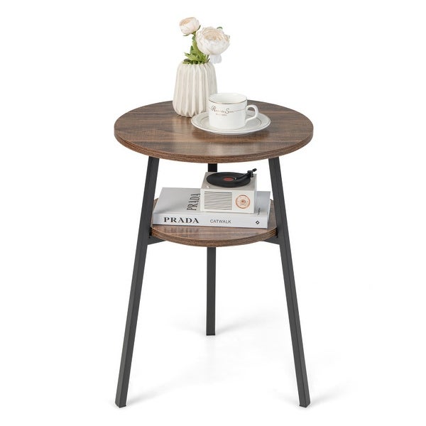 2-Tier Round End Table with Open Shelf and Triangular Metal Frame - 17