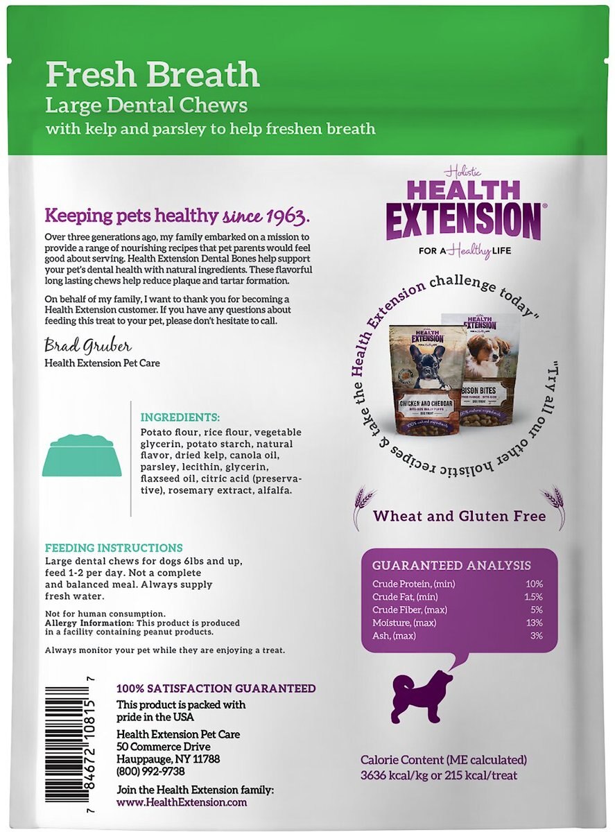 Health Extension Fresh Breath Mint Flavored Dental Dog Treats， Large， 3 count