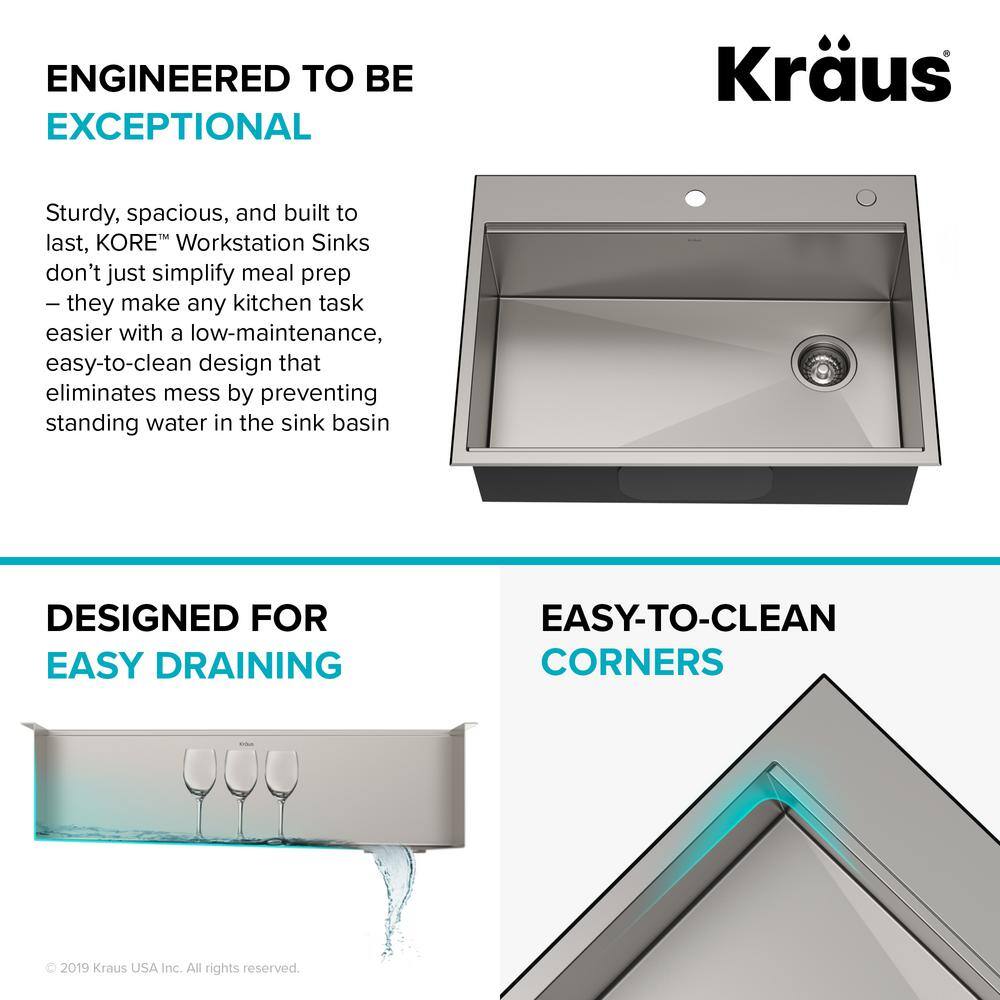 KRAUS Kore Workstation Drop-In Stainless Steel 30 in. Single Bowl Kitchen Bar Sink with Accessories KWT310-30