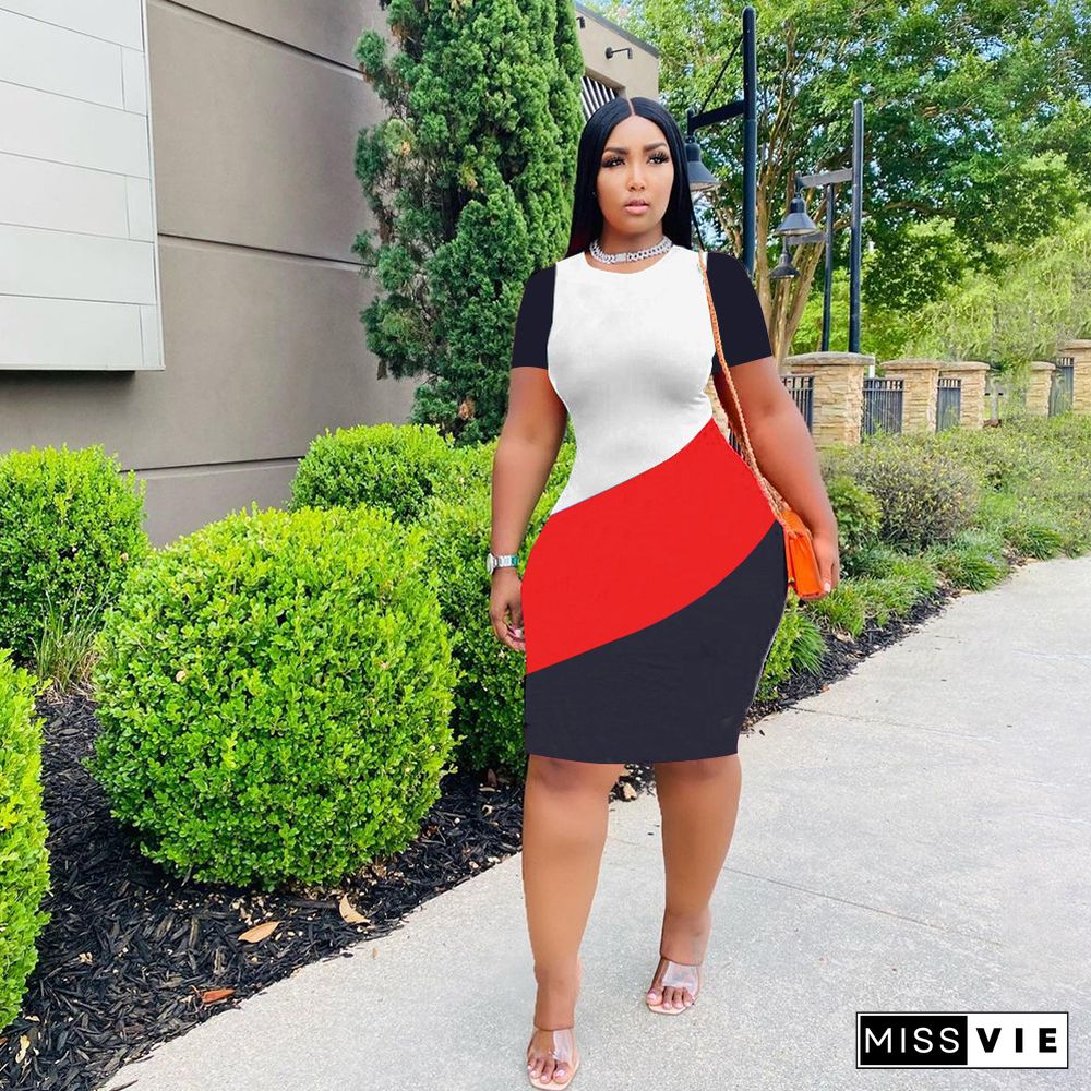 Color Block Short Sleeve Plus Size Pencil Dresses