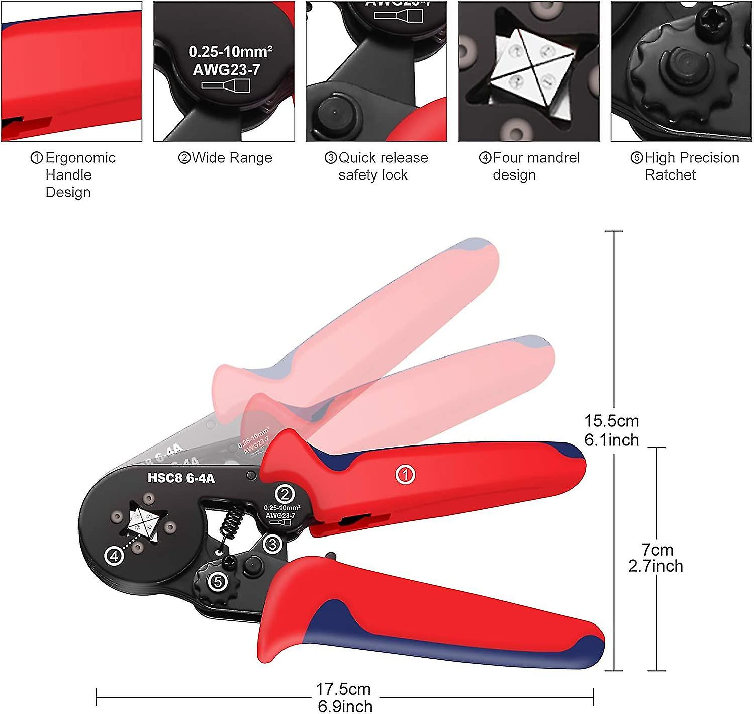 Idesion 1200 4-sided Crimping Pliers Wire Ferrules Lugs Tools 0.2510 Mm Professional Electrician