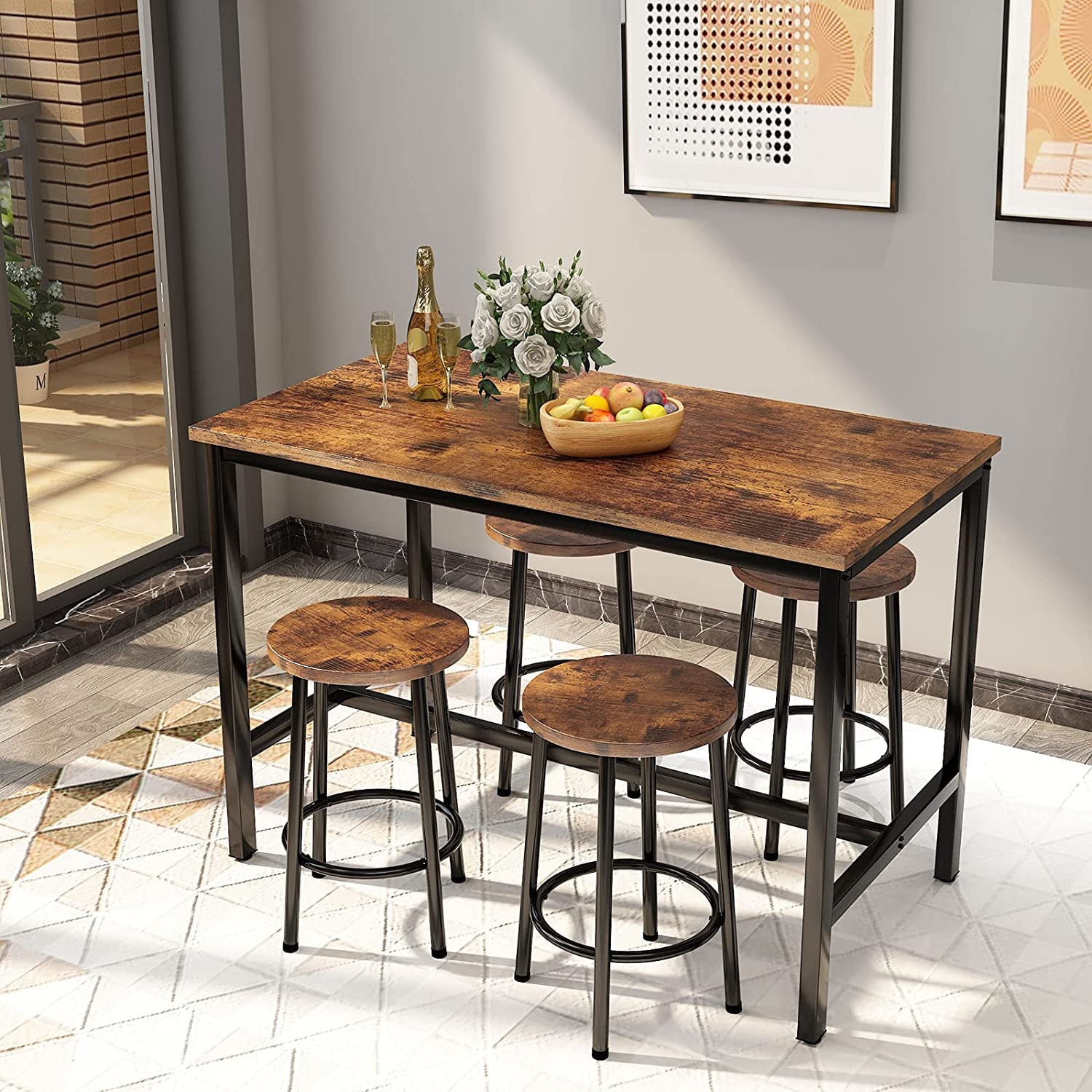 Recaceik Bar Table and Chairs Set, Industrial Counter 35.62 Height Pub Table with 4 Chairs Bar Table Set, 5 Pieces Dining Table Set Home Kitchen Breakfast Table