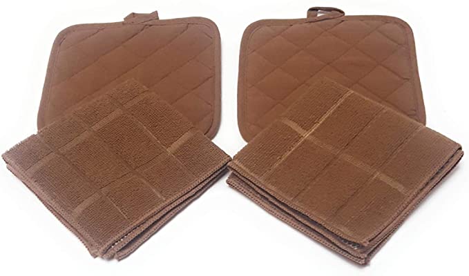 Kitchen Towels - Set Includes: Dish Cloths， Pot Holders， and Oven Mitt Bundle - Brown