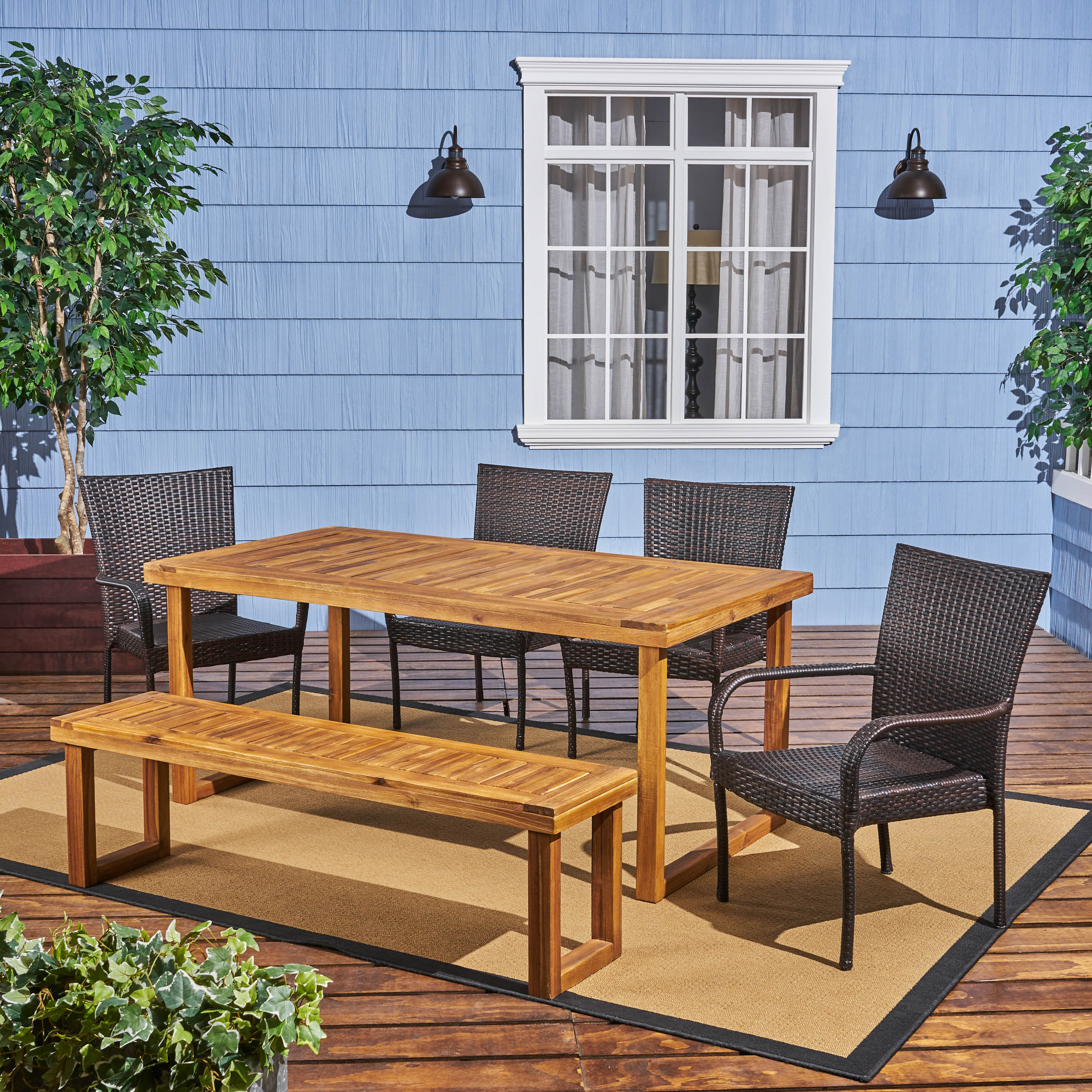 Eric Outdoor 6-Seater Wood and Wicker Chair and Bench Dining Set