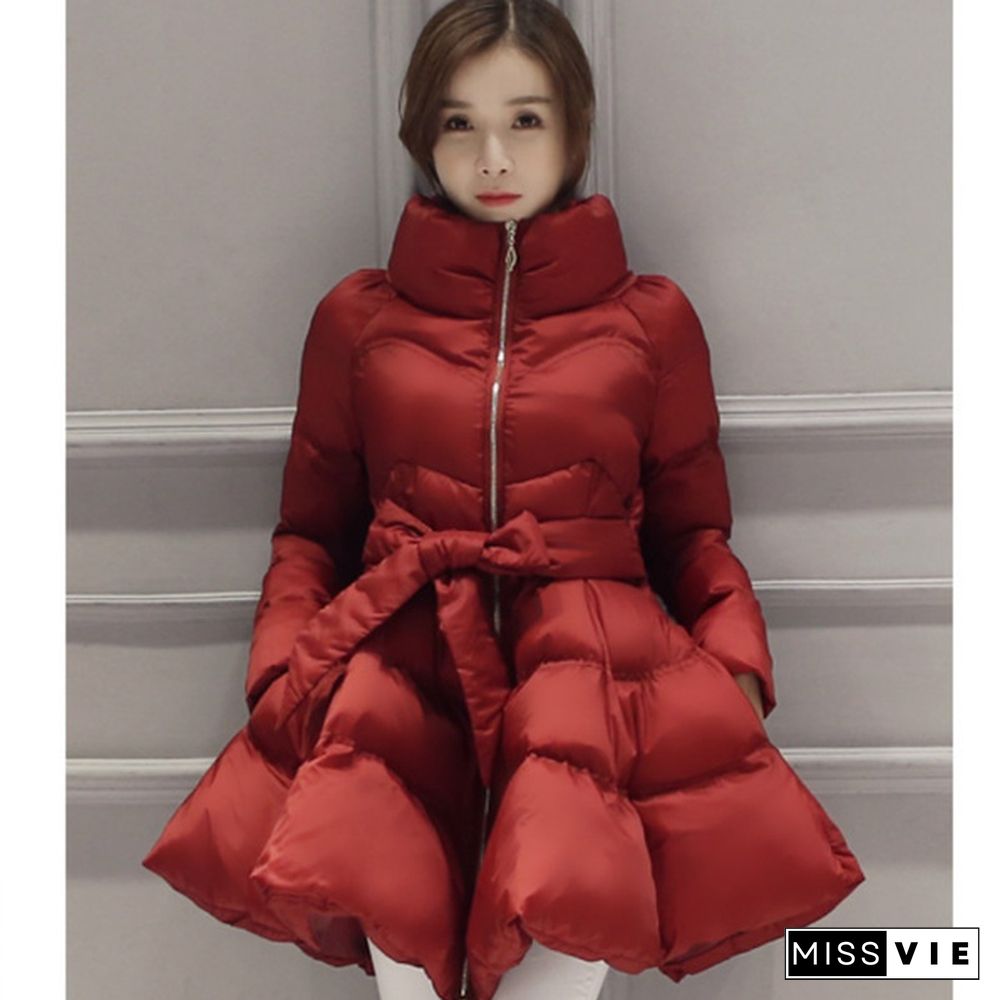 Women Puffer Coat Jacket Swing Zip Bowtie Mid Length Quilted Padded Winter Outerwear Casual