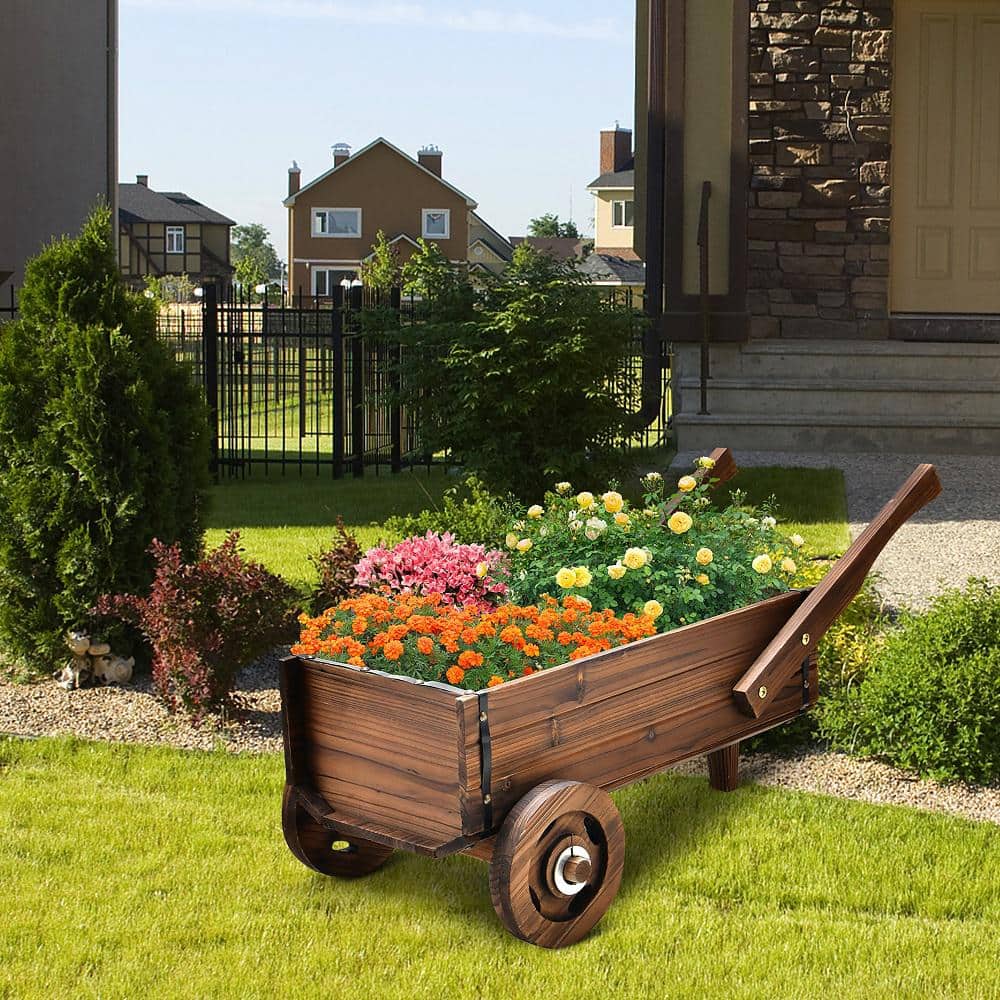 Costway 32 in. L x 15.5 in. W x 15 in.H Decorative Wagon Cart Plant Flower Pot Stand Wooden Raised Garden Planter Box GT3929CF