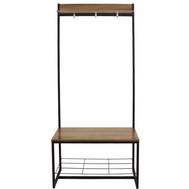 Sunnydaze Indoor Industrial style Hall Tree Bench With Coat shoe Rack Mdp Shelves With Powder coated Steel Frame Brown 67 In