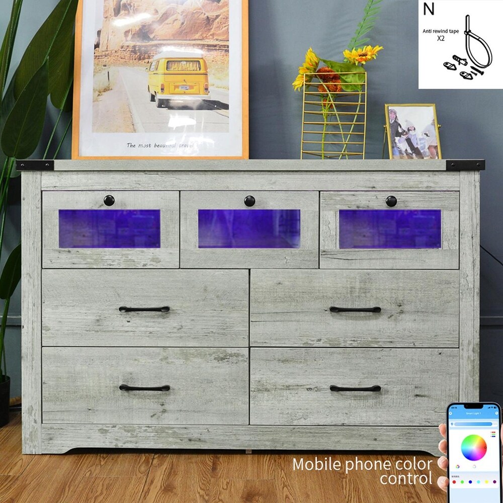 Modern Sideboard Storage Cabinet with LED Lighting and 7 Drawers