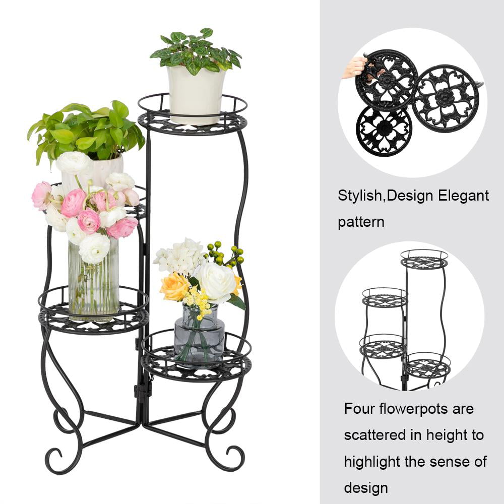 SalonMore 4-Tier Fluer-de-lis Pattern Adjustable Tray Metal Flower Pot Rack Plant Display Stand Shelf Holder Decor