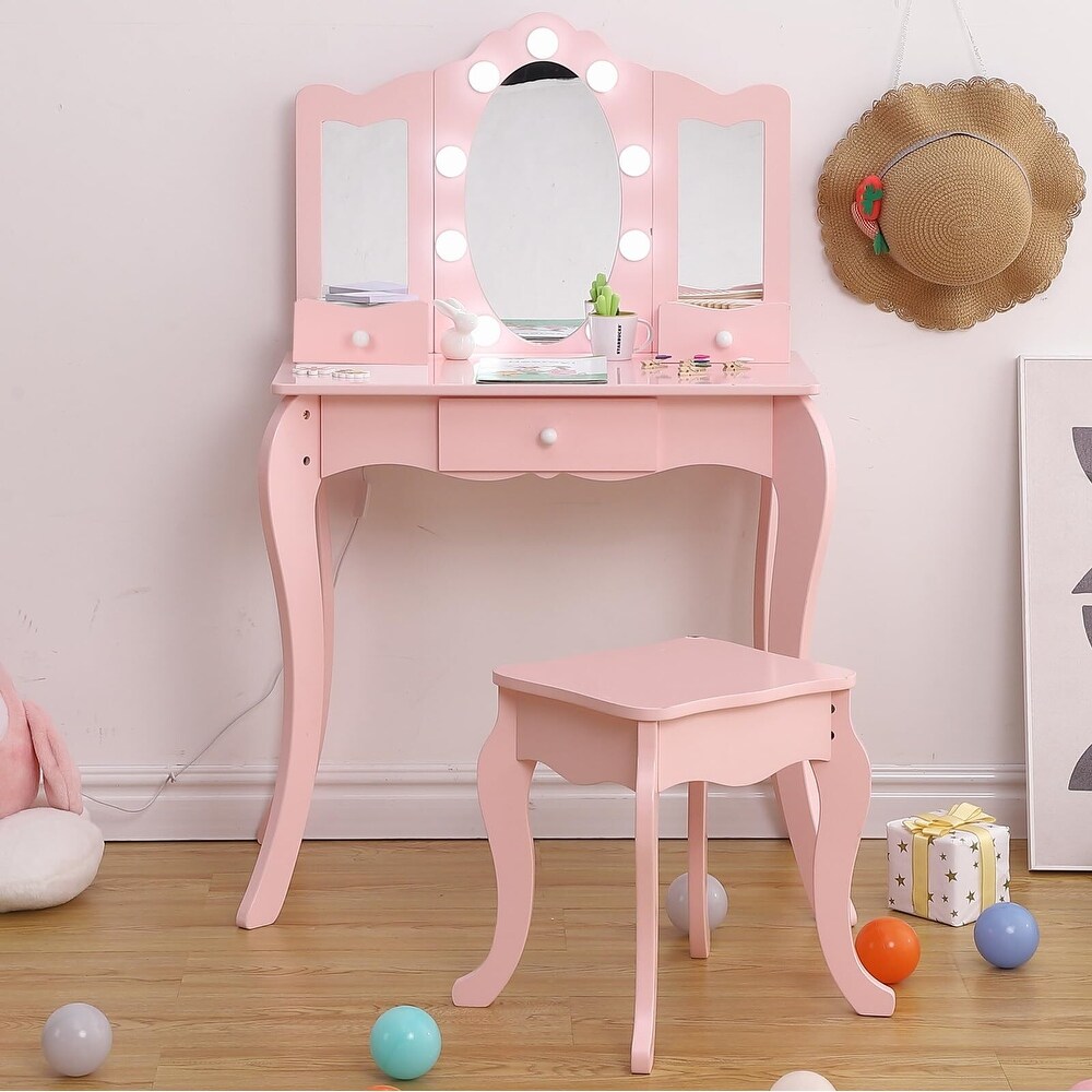 Girls Vanity Table with Tri Folding Mirror  Light Stool   Drawer