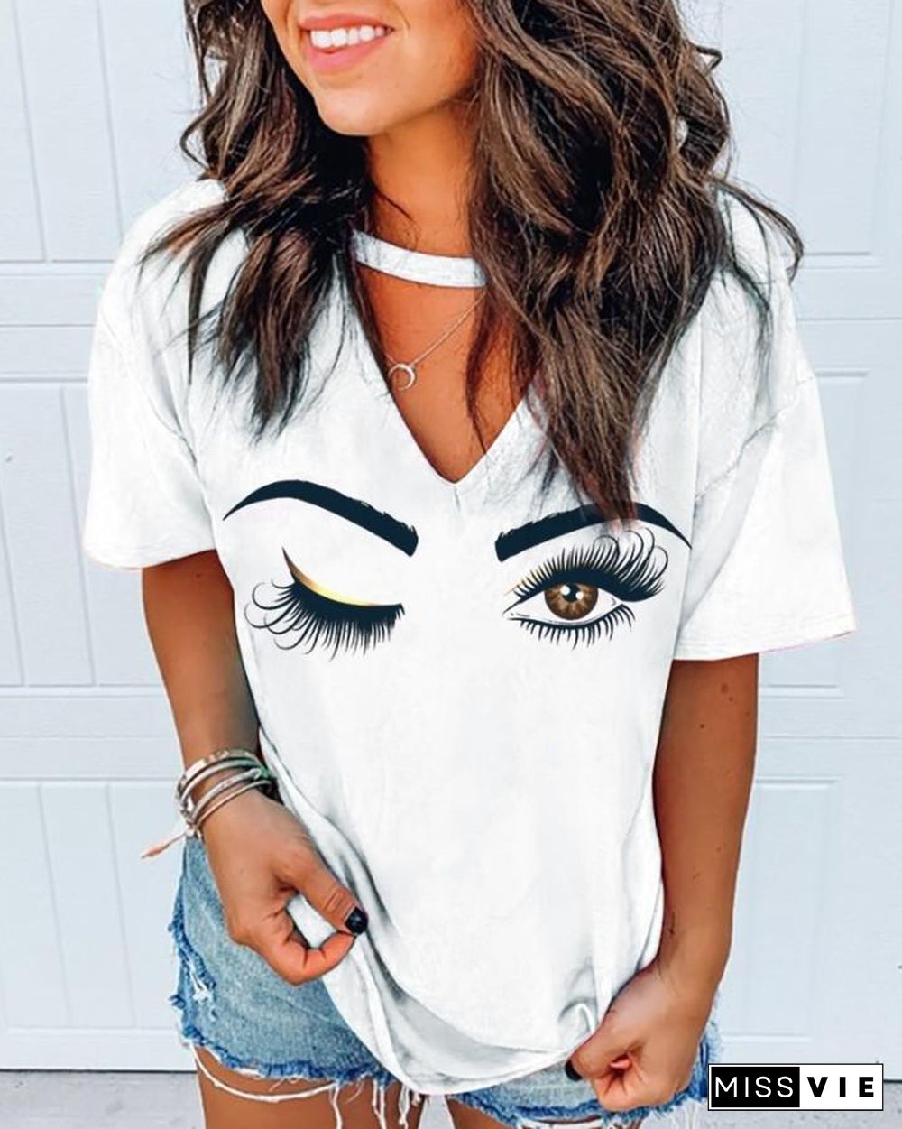 Eyes Print Cutout Front Casual T-shirt P11500