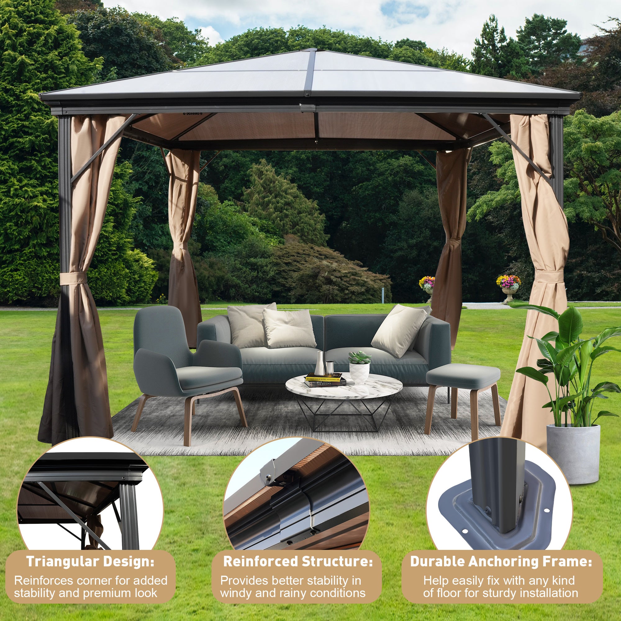 10x10 FT Hardtop Outdoor Gazebo, Aluminum Frame Polycarbonate Hardtop Garden Tent, Aluminum Frame Permanent Pavilion with Curtains and Mosquito Netting for Garden, Patio, Lawns, Parties