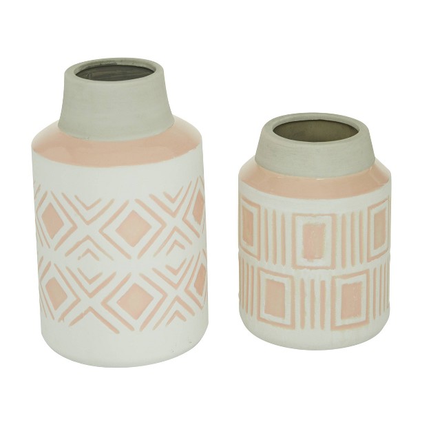 Set Of 2 Round Geometric Textured Patterned Ceramic Vase Pink white Olivia amp May