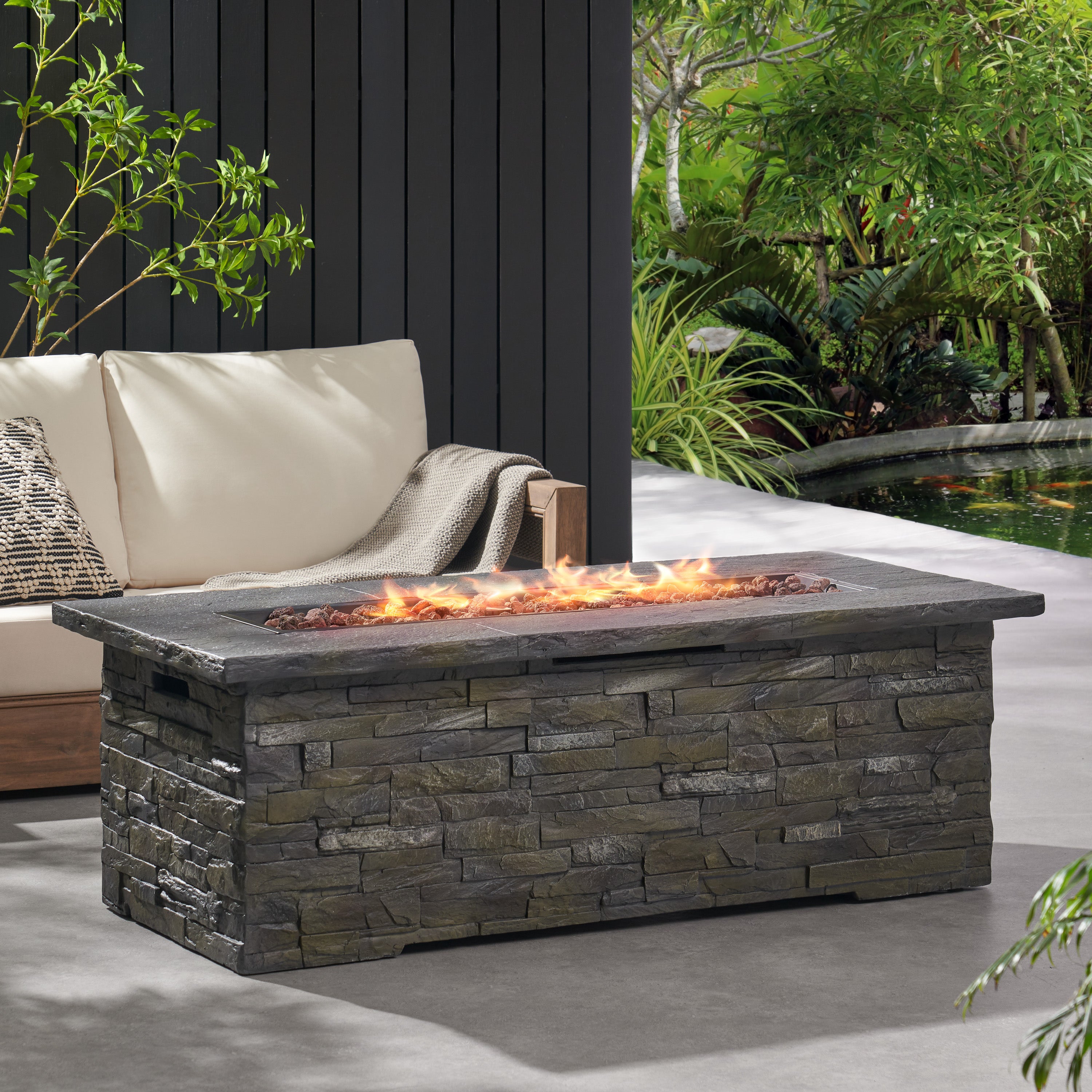 Dunnigan Outdoor 50,000 BTU Lightweight Concrete Rectangular Fire Pit (No Tank Holder), Natural Stone