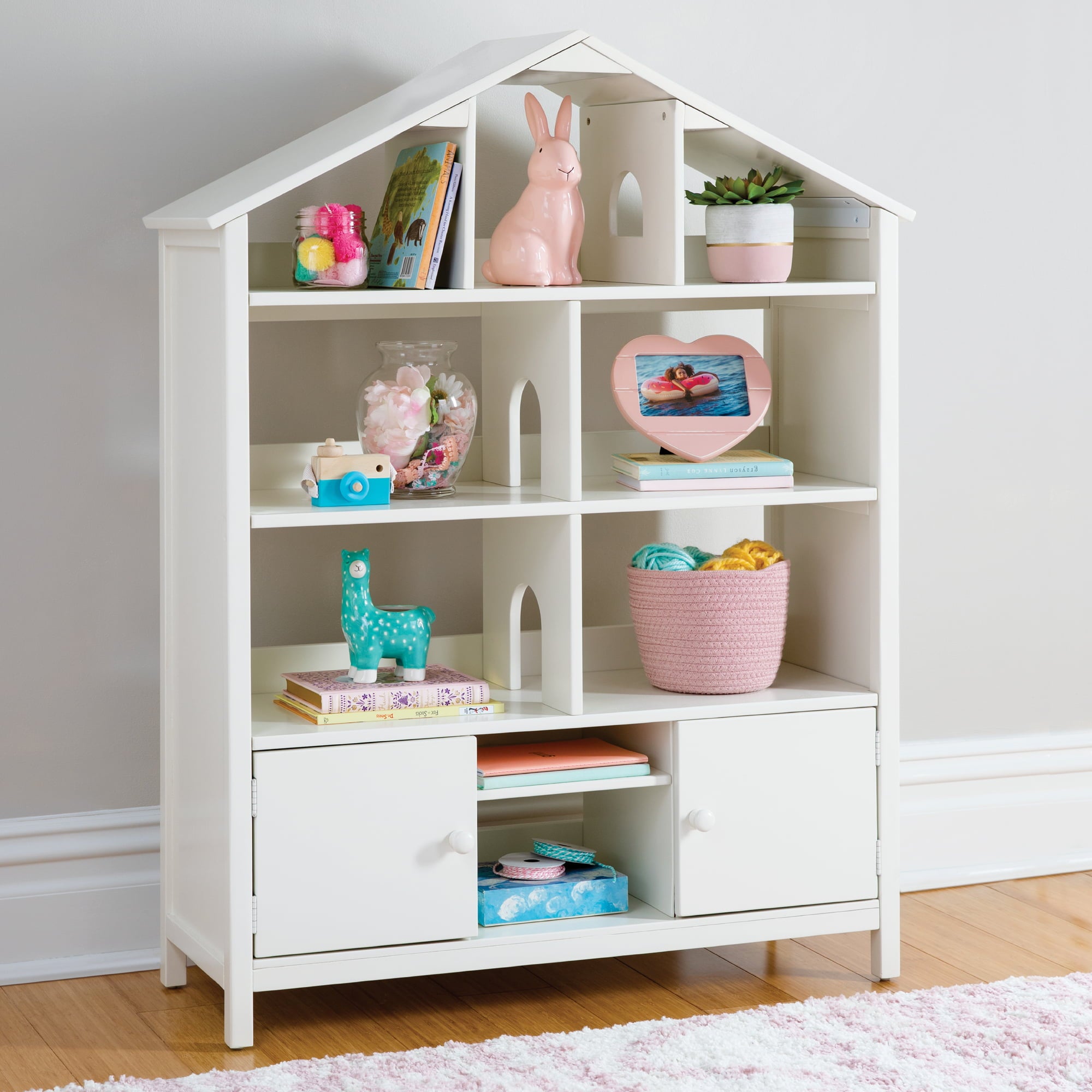 Martha Stewart Kids Jr. Dollhouse Bookcase - Creamy White: Wooden Organizer Shelves with two Storage Compartments for Books, Dolls, Toys, and School Supplies | Children's Bedroom Furniture - Ages 2-8